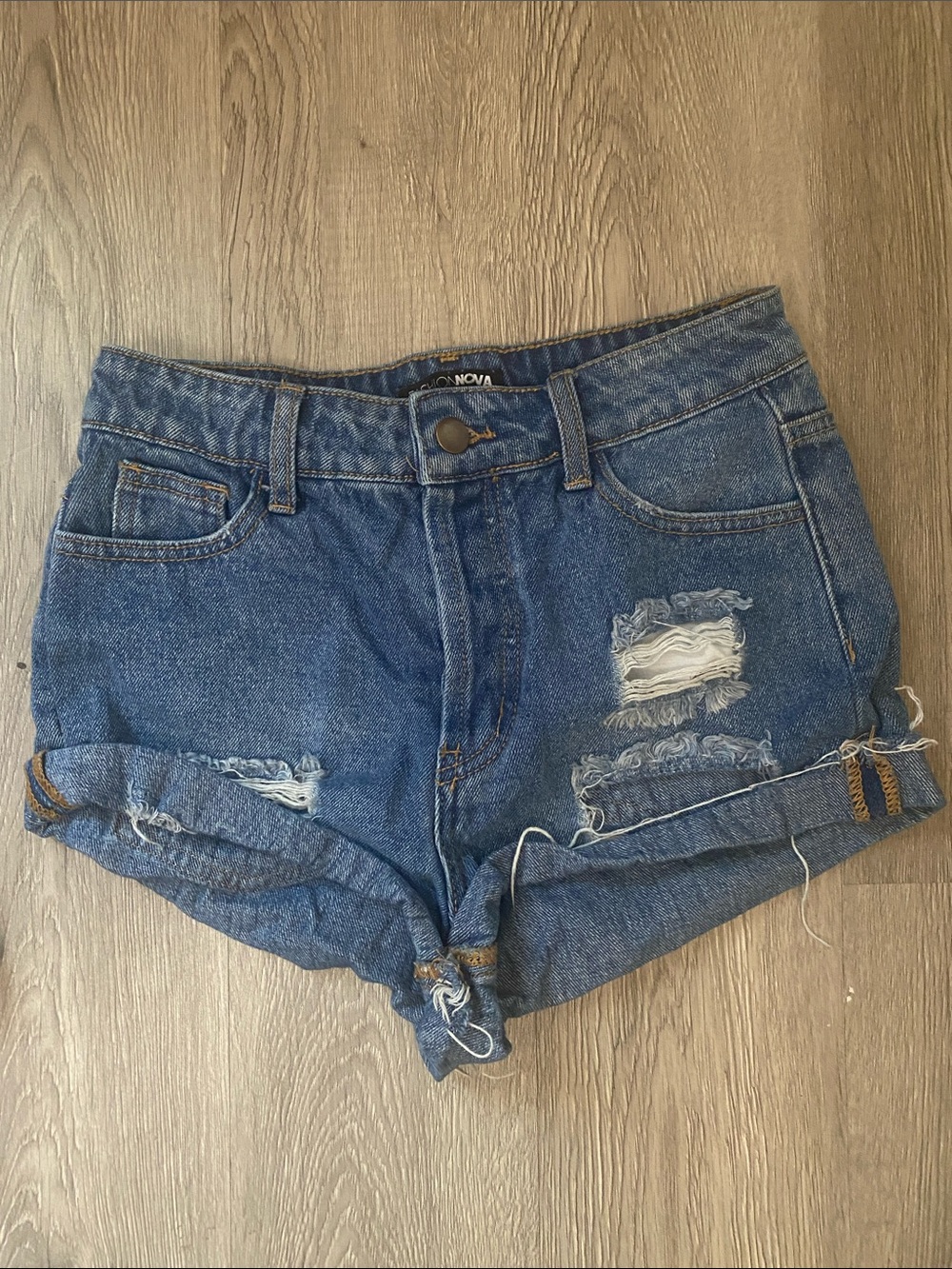 Fashion Nova Blue Distressed Rolled-Hem Jean Shorts